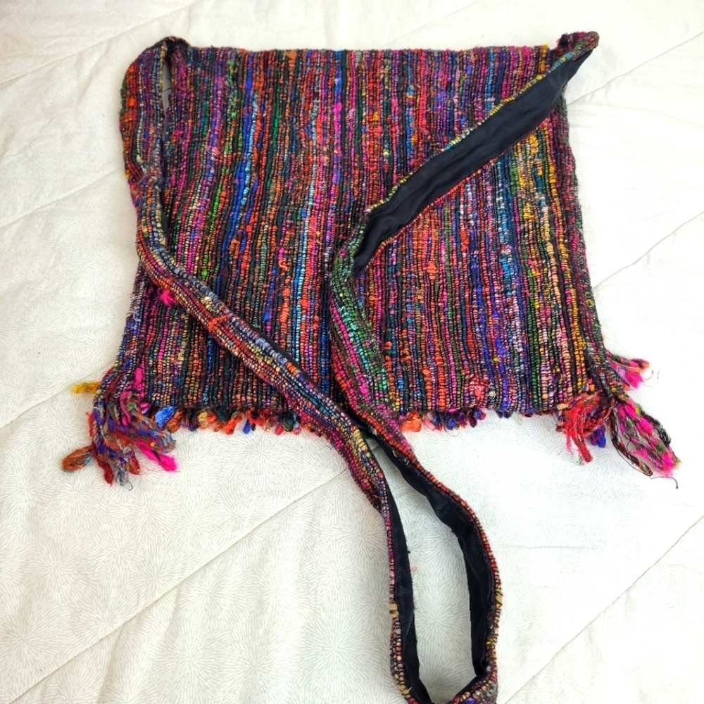 Boho Colorful 100% Silk Woven Shoulder Bag Fringe Zipper boho festival hippie